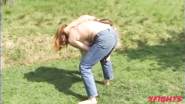 DWW-165-02 Topless Jeans on Grass - Barbara vs Eva