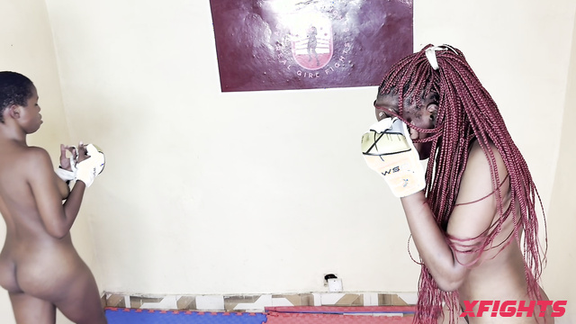 African Catfights - Nicca & Sharon - Boxing match between hot naked ebony girls
