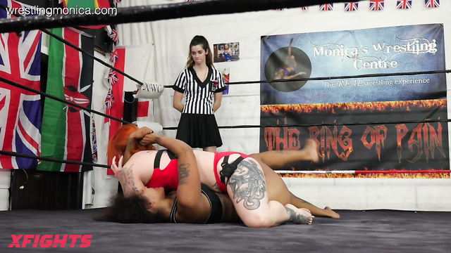 Monica Wrestling Studio - Rose & Mel - Redhead and Ebony wrestle hard in the ring