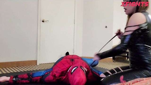 Megan Jones - Role play session catwoman spiderman trampling scissors belt