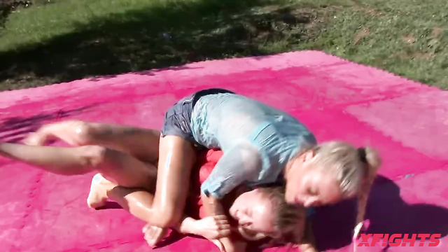 Fighting Dolls - Crystl vs Sabrina - Sweet wet blondes wrestle outdoors